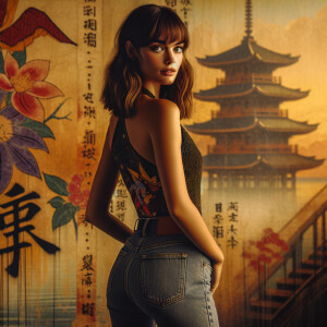 Athletic Thin skinny Attractive, Asian teenage girl, long brown hair and bangs, wearing tight skinny jeans and a halter top paint marks on her clothing, heroic pose Asian graffiti background, backside view