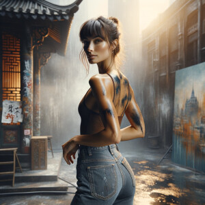 Athletic Thin skinny Attractive, Asian teenage girl, long brown hair and bangs, wearing tight skinny jeans and a halter top paint marks on her clothing, heroic pose Asian graffiti background, backside view