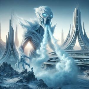 An extraterrestrial creature with a distorted face exhales a chi...