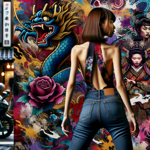 Attractive, Asian teenage girl, long brown hair and bangs, wearing tight skinny jeans and a halter top paint marks on her clothing, backside view heroic pose Asian graffiti