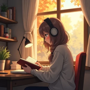 Anime-style girl wearing headphones, reading a book at a cozy de...
