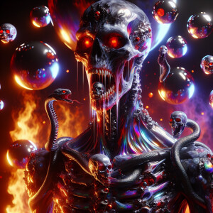 A vampire zombie with iridescent white, black, and crimson skin,...