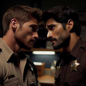 Create an image depicting two rugged male deputy sheriffs caught...