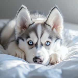 A fluffy husky puppy lying on a soft white bed with natural wind...