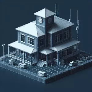 A typical suburban one story police station building with multip...