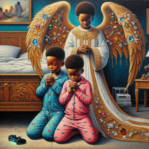 An oil painting of two African-American children with dark skin,...