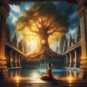 A large glowing tree surrounded by water is located inside templ...