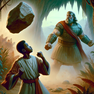 A digital painting depicting the biblical scene of David and Gol...