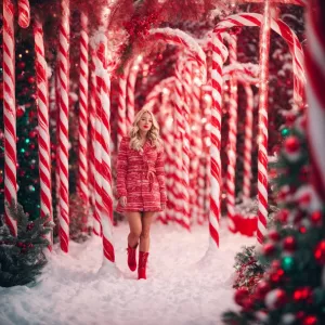 Beautiful blonde woman in Christmas candy cane wonderland! She’s...