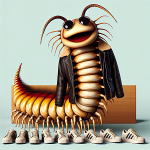 Whimsical centipede with 1000 legs tennis shoes on each foot and...