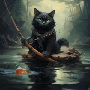 A black cat stealthily hunting fish with a bow in its paws