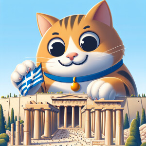 A Giant Cat Smiling looking down at Athens Acropolis holding a G...