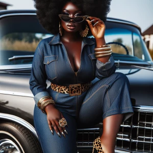 A thick queen in a denim jumpsuit, leopard heels, and curly afro...