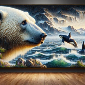 Polar bear  looking at the orcas in the ocean,  in the style of...