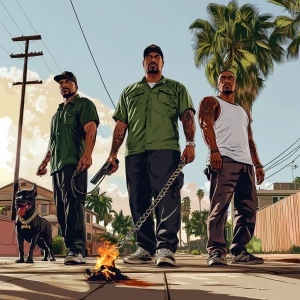 A highly detailed digital painting depicting three urban charact...