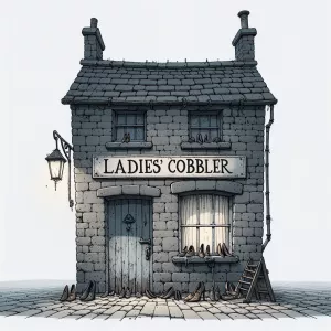 A modest grey-stone building with a sagging black-tiled roof, we...