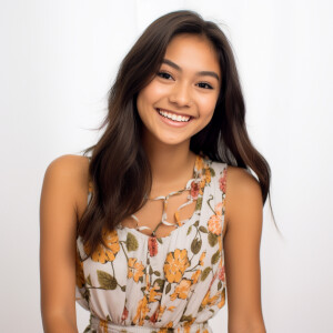 A cute woman

Californian

Smiling 

Clothes: Floral Dress

Look...