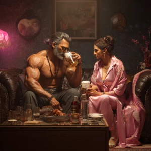 Realism,a muscular criminal man sitting drinking beer with hi...