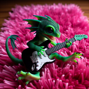 A baby dragon playing the electric guitar on a pink shag carpet.
