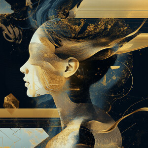 Surreal vector art of a female figure made of liquid gold, morph...