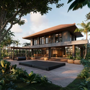 Generate design of the modern high-end MMA fight camp in Bali In...