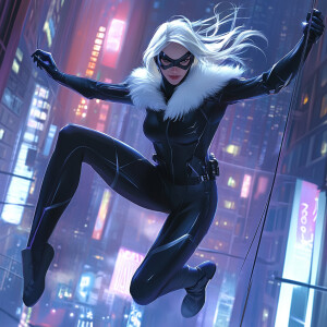 A dynamic scene of a platinum blonde woman in a sleek, black for...