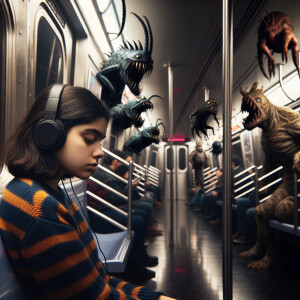 "In a night-time subway carriage, lit only by flickering light,...