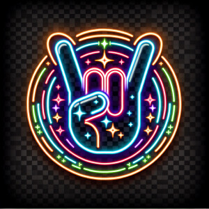 Hook'em horns logo in techno neon style in transparent backgroun...