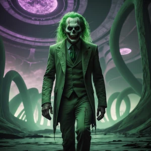 A decayed Lovecraftian Joker with skeletal features and stringy...