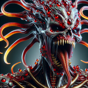 Alien zombie with fangs. Face made of skull rubies, tongue is li...