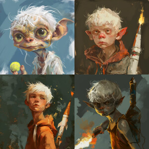 Draw a young guy with white short hair in a style of Gollum with...