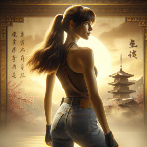 Athletic Thin skinny Attractive, Asian teenage girl, long brown hair and bangs, wearing tight skinny jeans and a halter top paint marks on her clothing, heroic pose Asian graffiti background, backside view