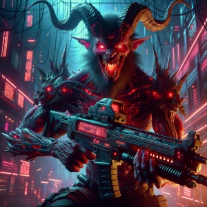 Sanguinary meat eater demon monster with a automatic machine gun...