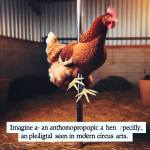 An anthropomorphic hen performing a pole dance inside a coop, mi...