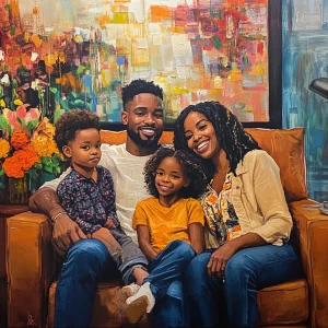 Portrait of an African American family in their home, featuring...