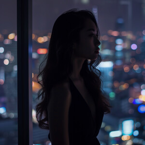 Fair-skinned woman with dark long hair, elegant and composed, st...