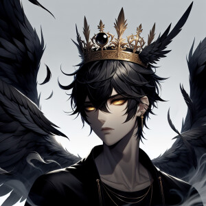 a darck anime boy with dark smok wings and gold crown