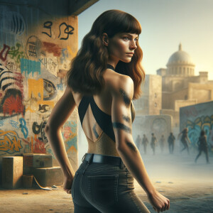 Athletic Thin skinny Attractive, Asian teenage girl, long brown hair and bangs, wearing tight skinny jeans and a halter top paint marks on her clothing, heroic pose Asian graffiti background, backside view