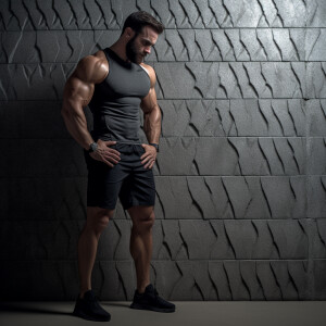 The image shows a muscular male figure from the waist up standin...