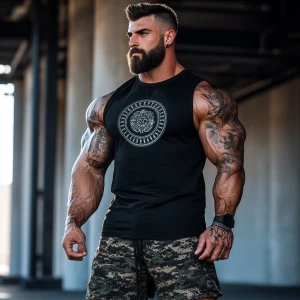 A muscular man is wearing a sleeveless black shirt with a circul...