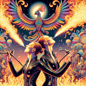 2 female twin fire breathers, psychedelic carnival in Texas, fla...