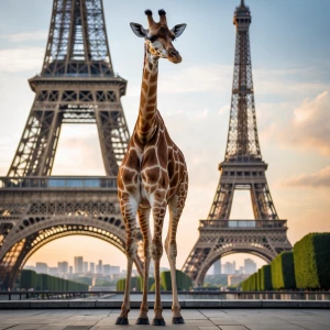 Giraffe standing in front of the Eiffel Tower