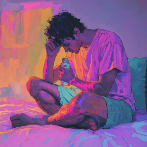 create me a sad picture of a guy sitting on the bed, holding a p...