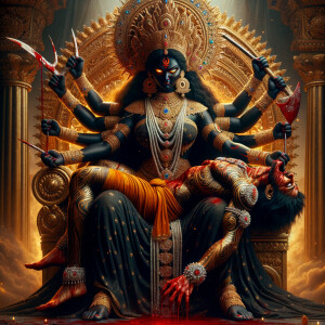 portrait of extremly angry looking goddess durga, black skinned,...