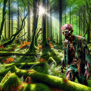 Clear vivid hyper-realistic photo of a zombie in the woods