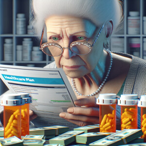 Create a realistic picture of a senior citizen looking at prescr...