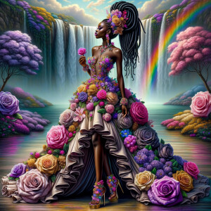 Remix Prompt
S/O Jackie Torres
S/O Panda Locke

create a animated style hyper realistic airbrush whimsical oil painting of a light African American woman wearing a flawless beautiful purple, pink, and gold blossom dress long flowing with colorful flowers and ruffles on the dress colorful jewelry made of flowers she has long black dreadlocks in a bun a colorful rose in her hair her peep toe shoes is matching her dress behind her is a beautiful waterfall liquid glowing lights beautiful colorful rainbow surrounded by beautiful roses.