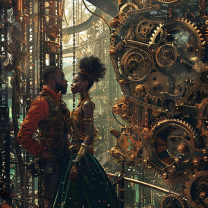 An Afrocentric couple exploring a steampunk world brimming with...