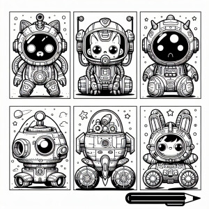 Create six separate black-and-white illustrations of toys and ch...