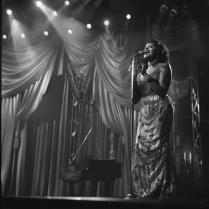 A black transgender woman in a beautiful dress singing on a stag...